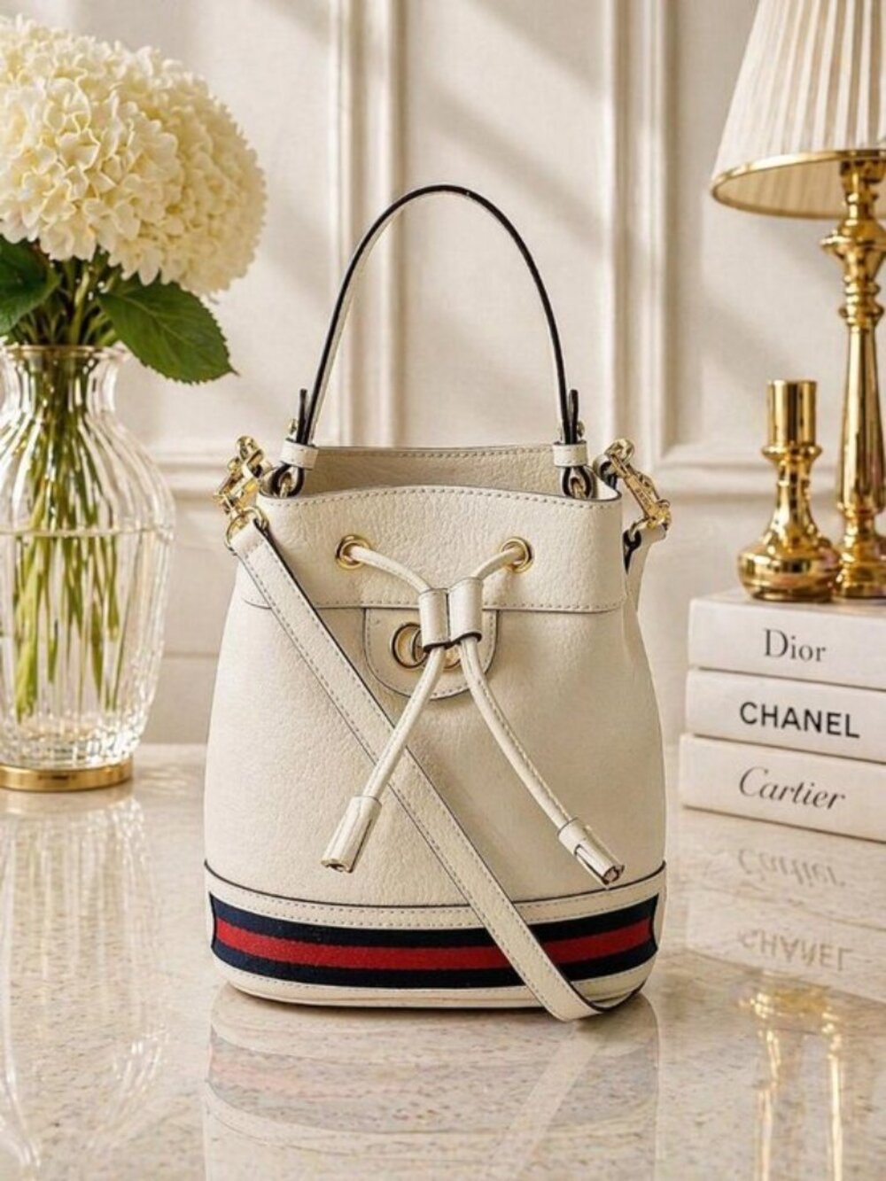 Authentic Gucci Ophidia Mini Bucket Bag White Leather GG Logo Crossbody - Picture 1 of 16